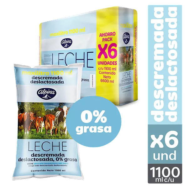 Leche Descremada Deslactosada Alpina X6 Und Bolsa 1100 Ml