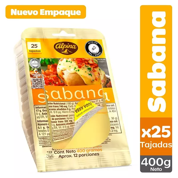 Queso Alpina Sabana 25 Tajado X400g