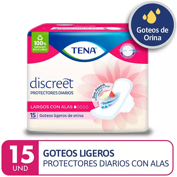 Protectores Diarios Tena Discreet Largos Con Alas Paquete 15