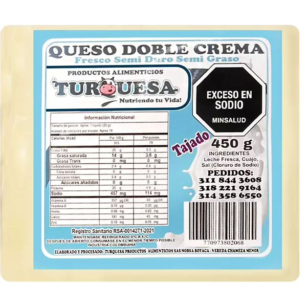 Queso Turquesa Doble Crema Tajado X 450 Gr