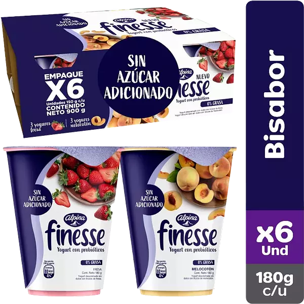 Yogurt Finesse Fresa Y Melocotón 6 Und Vaso X150 G