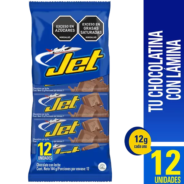 Chocolatina Jet Leche Bolsa 12 Unidades 144gr