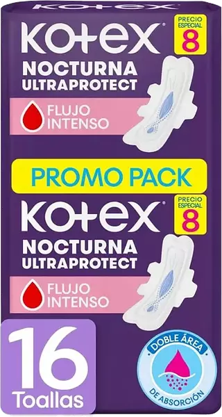 Toallas Kotex Nocturnas 2 Paquetes X8 Unidades C/U