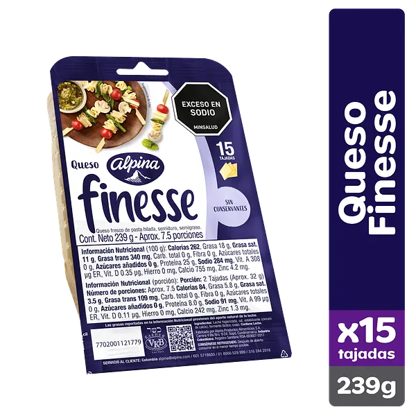 Queso Mozarella Finesse 15 Tajadas 239g
