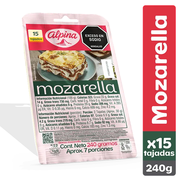 Queso Mozzarella Alpina 15 Tajadas 240g