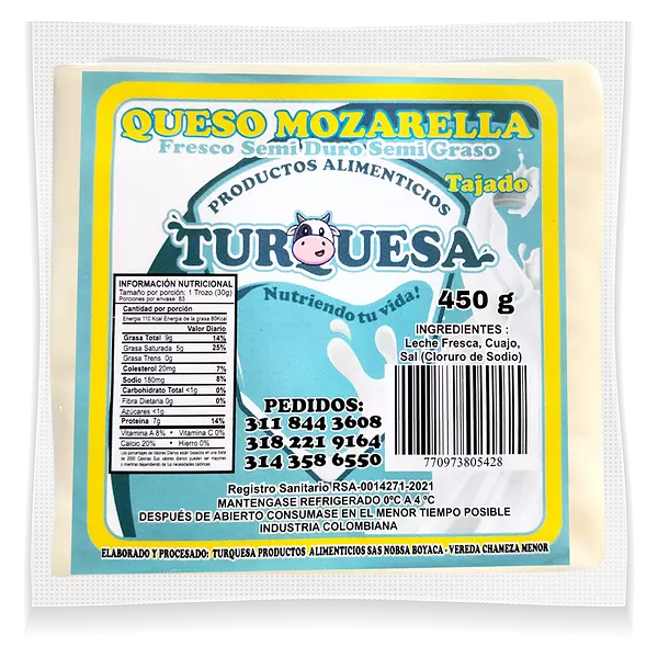 Queso Turquesa Mozarella Tajado X 450 Gr