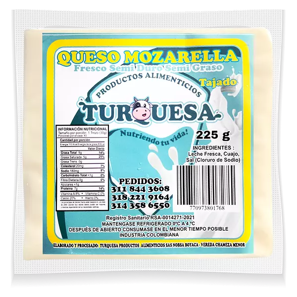 Queso Turquesa Mozarella Tajado X 225 Gr