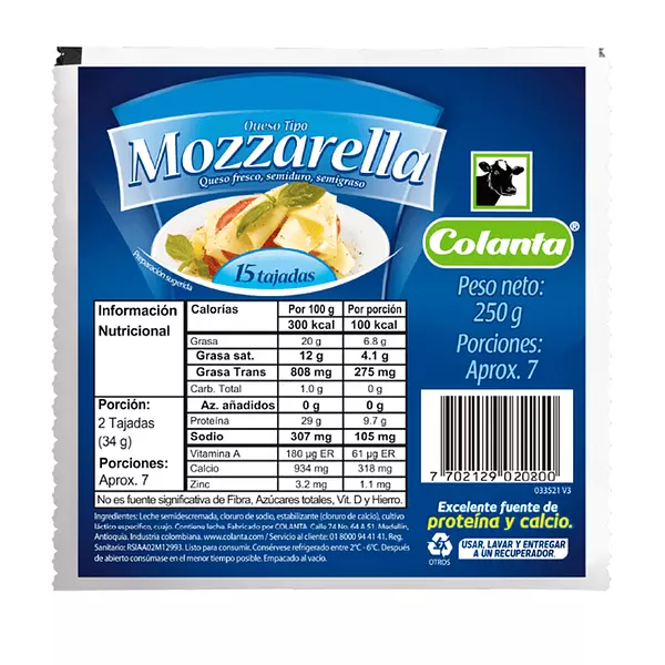 Queso Mozarella Tajado 250gr