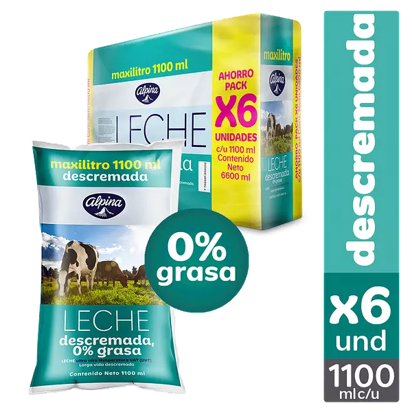 Leche Descremada Alpina X6 Und Bolsa 1100 Ml