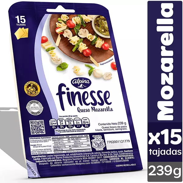 Queso Mozarella Finesse 15 Tajadas X239g