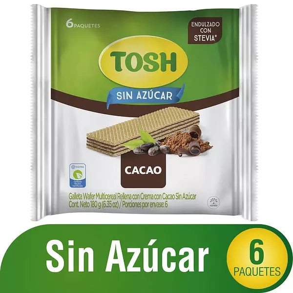 Galletas Tosh Wafer Cacao Sin Azúcar 6 Unidades X180 Gr