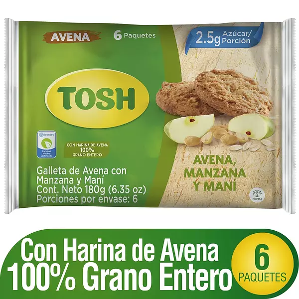 Galletas Tosh Avena Manzana Maní 6 Unidades X180 Gr