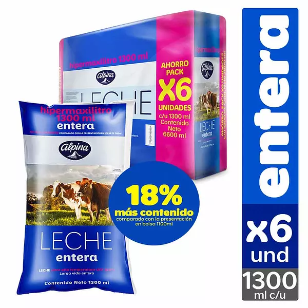 Leche Entera Alpina 6 Unidades Bolsa 1300ml C/U