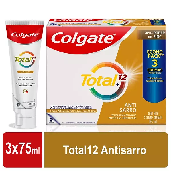 Crema Dental Colgate Total 12 Anti Sarro 3 Unidades X75ml